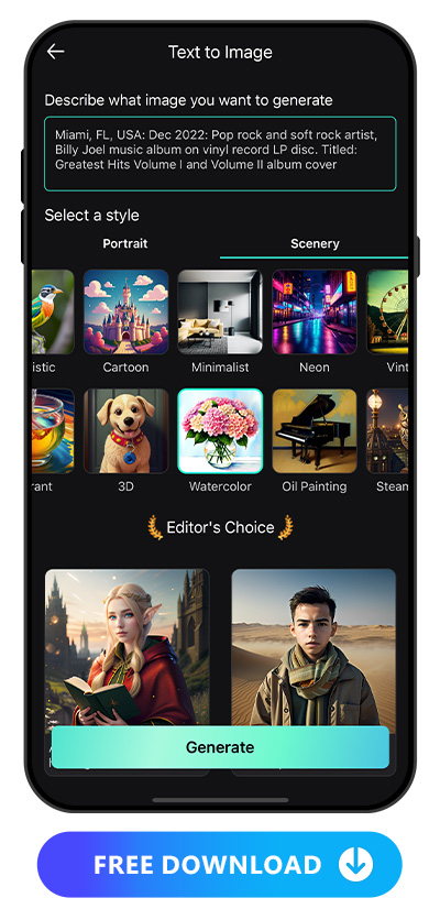 text to image UI of PhotoDirector with prompts